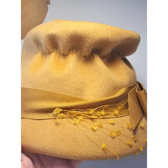 Vtg Glenover Derby Wool Cloche Hat With Netting & Bow Women's Gold Union Made - Picture 8 of 13